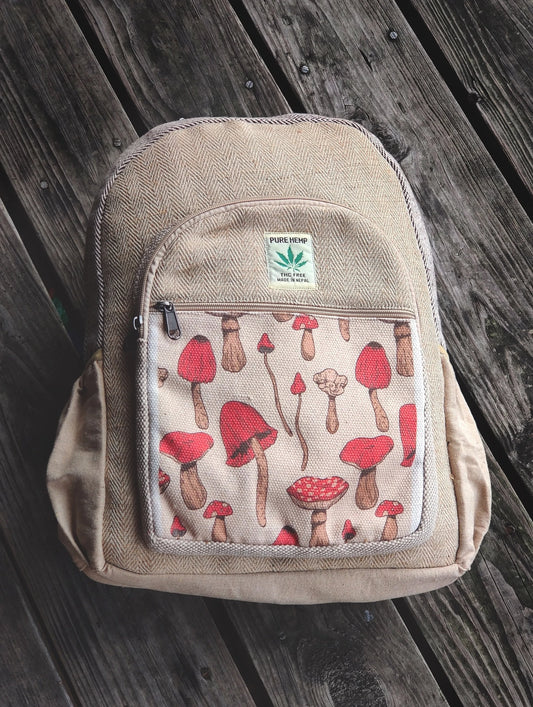 Mushroom Pattern Boho Bag - Hemp Backpack Unisex